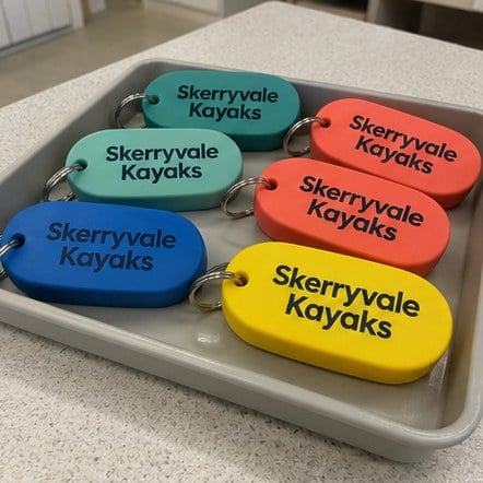 Customized floating keychains for kayak, paddleboard and watersports rentals